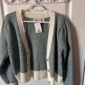 Gorgeous blue and white cardigan, warm and classy.